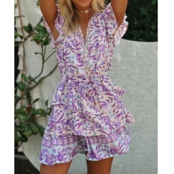 Bohemian Floral Print Ruffle Layered Mini Dress - Picture 4 of 5